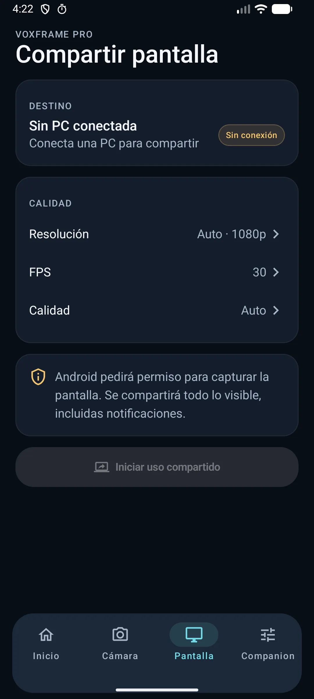 Pantalla real de compartir pantalla en VoxFrame Pro Mobile
